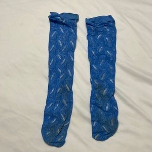 Blue lace tights. Worn for cosplay. Stains on bottom of feet from shoes